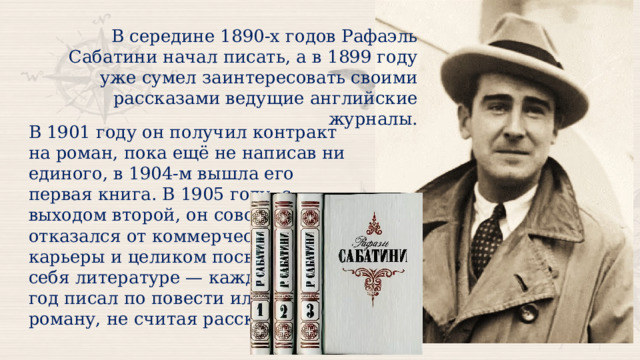 В середине 1890-х годов Рафаэль Сабатини начал писать, а в 1899 году уже сумел заинтересовать своими рассказами ведущие английские журналы. В 1901 году он получил контракт на роман, пока ещё не написав ни единого, в 1904-м вышла его первая книга. В 1905 году, с выходом второй, он совсем отказался от коммерческой карьеры и целиком посвятил себя литературе — каждый год писал по повести или роману, не считая рассказов. 