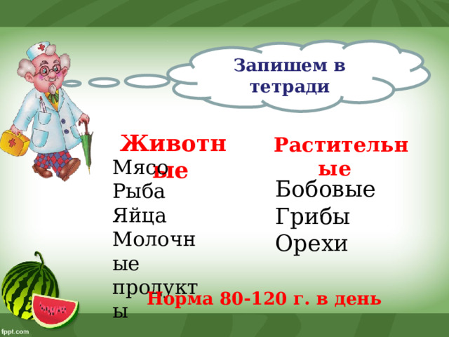 Запишем в тетради Животные  Растительные  Мясо Рыба Яйца Молочные продукты Бобовые Грибы Орехи Норма 80-120 г. в день 