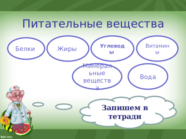 Питательные вещества Жиры Углеводы Витамины Белки Минеральные вещества Вода Запишем в тетради 