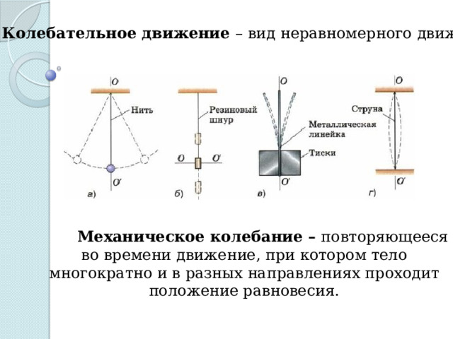 Колебательное движение – вид неравномерного движения.  Механическое колебание – повторяющееся во времени движение, при котором тело многократно и в разных направлениях проходит положение равновесия. 