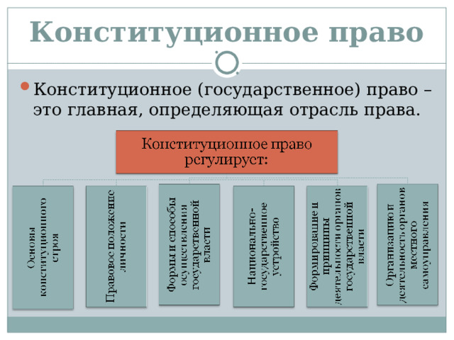 Конституционное право Конституционное (государственное) право – это главная, определяющая отрасль права. 