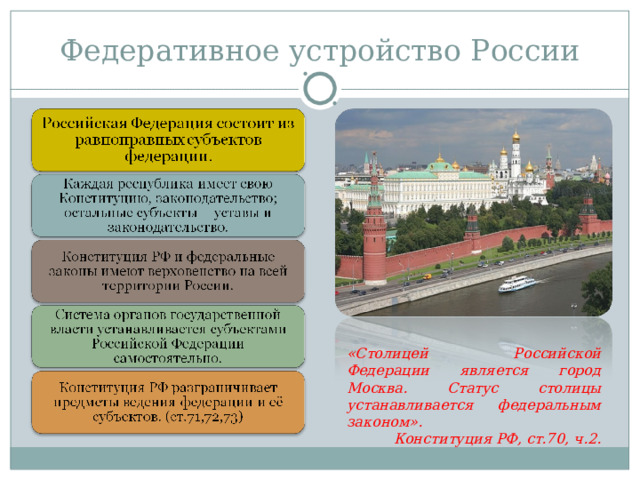 Федеративное устройство России «Столицей Российской Федерации является город Москва. Статус столицы устанавливается федеральным законом». Конституция РФ, ст.70, ч.2. 