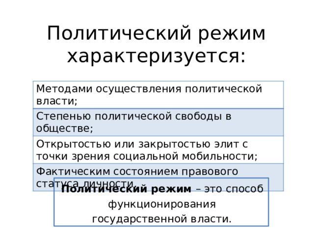 Политический режим характеризуется: Методами осуществления политической власти; Степенью политической свободы в обществе; Открытостью или закрытостью элит с точки зрения социальной мобильности; Фактическим состоянием правового статуса личности. Политический режим – это способ функционирования государственной власти. 