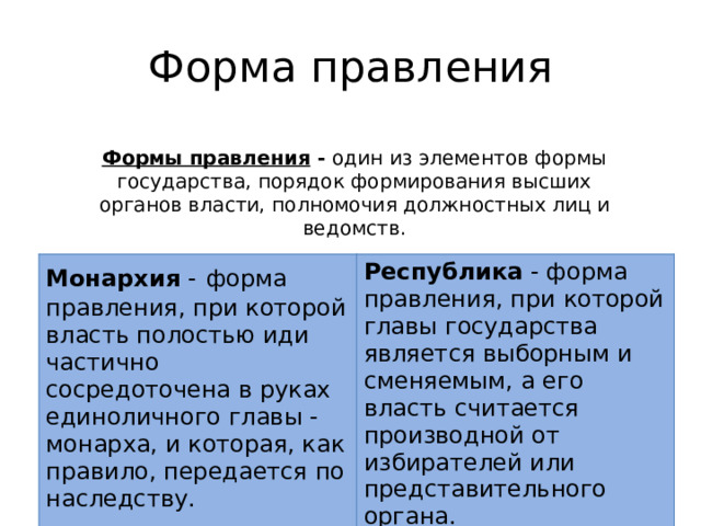 Форма правления Формы правления - один из элементов формы государства, порядок формирования высших органов власти, полномочия должностных лиц и ведомств. Монархия -  форма правления, при которой власть полостью иди частично сосредоточена в руках единоличного главы - монарха, и которая, как правило, передается по наследству. Республика - форма правления, при которой главы государства является выборным и сменяемым, а его власть считается производной от избирателей или представительного органа. 