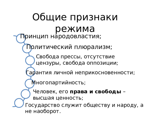 Общие признаки режима Принцип народовластия; Политический плюрализм; Свобода прессы, отсутствие цензуры, свобода оппозиции; Гарантия личной неприкосновенности; Многопартийность; Человек, его права и свободы – высшая ценность; Государство служит обществу и народу, а не наоборот. 