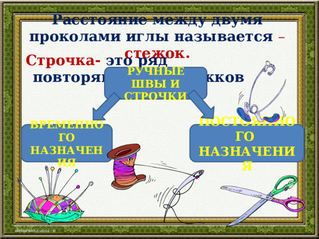 Расстояние между двумя проколами иглы называется – стежок.  Строчка- это ряд повторяющихся стежков  РУЧНЫЕ ШВЫ И СТРОЧКИ ВРЕМЕННОГО НАЗНАЧЕНИЯ ПОСТОЯННОГО НАЗНАЧЕНИЯ 
