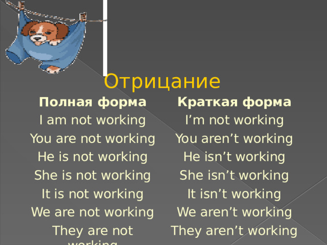 Отрицание Полная форма Краткая форма I am not working I’m not working You are not working You aren’t working He is not working He isn’t working She is not working She isn’t working It is not working It isn’t working We are not working We aren’t working They are not working They aren’t working 