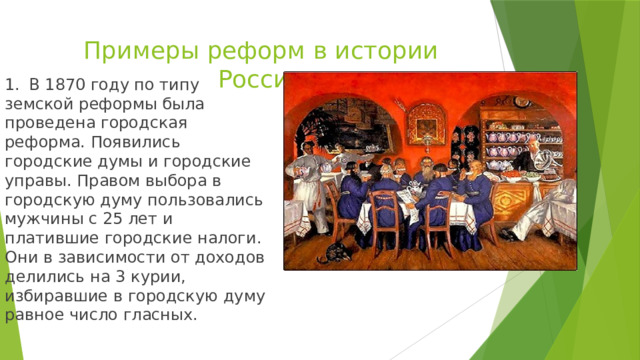 Примеры реформ в истории России 1.  В 1870 году по типу земской реформы была проведена городская реформа. Появились городские думы и городские управы. Правом выбора в городскую думу пользовались мужчины с 25 лет и платившие городские налоги. Они в зависимости от доходов делились на 3 курии, избиравшие в городскую думу равное число гласных. 