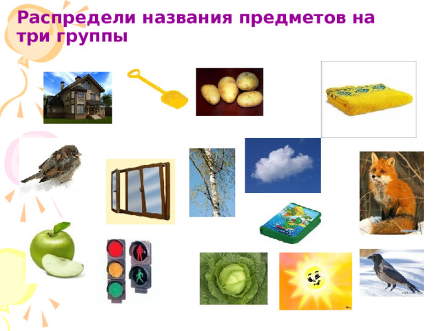 Распредели названия предметов на три группы 