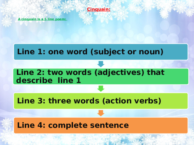   Cinquain:  A cinquain is a 5 line poem:   Line 1: one word (subject or noun) Line 2: two words (adjectives) that describe line 1 Line 3: three words (action verbs) Line 4: complete sentence 