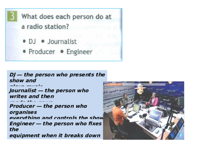 DJ ― the person who presents the show and plays music Journalist ― the person who writes and then reads the news Producer ― the person who organises everything and controls the show Engineer ― the person who fixes the equipment when it breaks down 