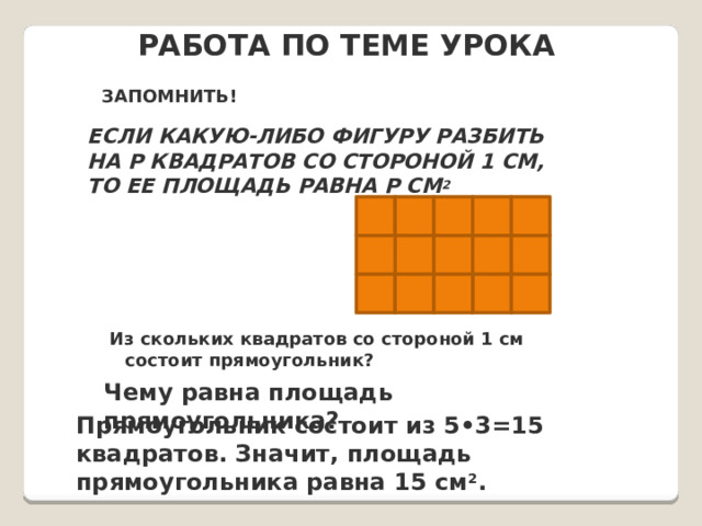Работа по теме урока ЗАПОМНИТЬ! Если какую-либо фигуру разбить на p квадратов со стороной 1 см, то ее площадь равна p см 2 Из скольких квадратов со стороной 1 см состоит прямоугольник? Чему равна площадь прямоугольника? Прямоугольник состоит из 5 • 3=15 квадратов. Значит, площадь прямоугольника равна 15 см 2 . 