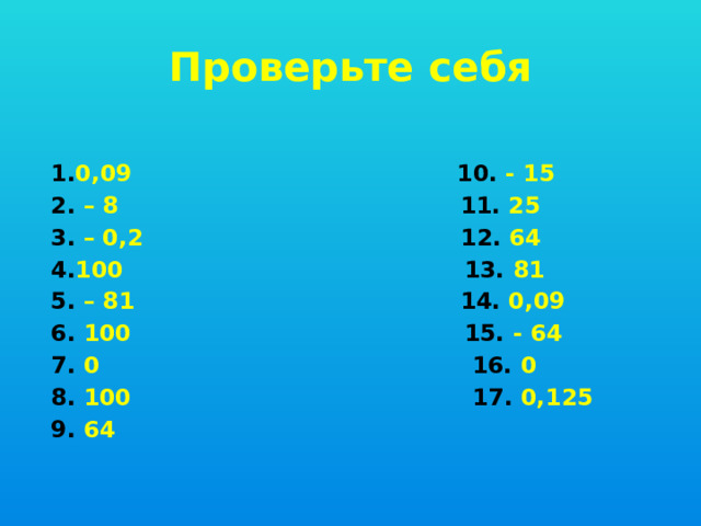 Проверьте себя 1. 0,09 10. - 15 2. – 8 11. 25 3. – 0,2 12. 64 4. 100 13. 81 5. – 81 14. 0,09 6. 100 15. - 64 7. 0 16. 0 8. 100 17. 0,125 9. 64  