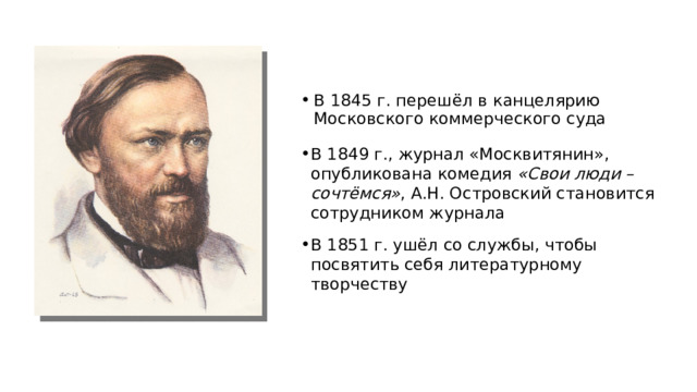 В 1845 г. перешёл в канцелярию Московского коммерческого суда В 1849 г., журнал «Москвитянин», опубликована комедия «Свои люди – сочтёмся» ,  А.Н. Островский становится сотрудником журнала В 1851 г. ушёл со службы, чтобы посвятить себя литературному творчеству 