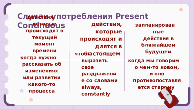 Случаи употребления Present Continuous действия, которые происходят в текущий момент времени действия, которые происходят и длятся в настоящем запланированные действия в ближайшем будущем чтобы выразить свое раздражение со словами always, constantly когда мы говорим о чем-то новом, и оно противопоставляется старому  когда нужно рассказать об изменениях или развитии какого-то процесса 
