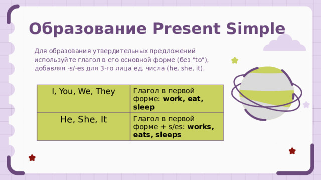 Образование Present Simple Для образования утвердительных предложений используйте глагол в его основной форме (без 