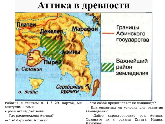 Работая с текстом п. 1 § 29, картой, мы выступим с вами в роли исследователей. — Что собой представляет ее ландшафт? — Где расположена Аттика? — Благоприятны ли условия для развития земледелия? — Что окружает Аттику? — Дайте характеристику рек Аттики. Сравните их с реками Египта, Индии, Двуречья. — А чем еще богата Аттика? 