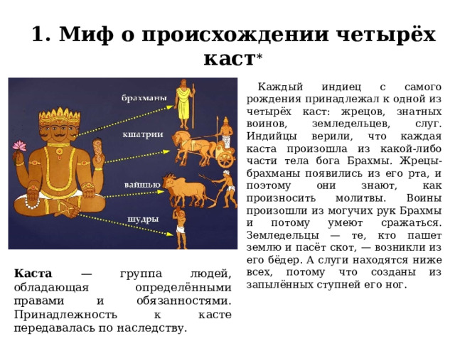 1. Миф о происхождении четырёх каст *  Каждый индиец с самого рождения принадлежал к одной из четырёх каст: жрецов, знатных воинов, земледельцев, слуг. Индийцы верили, что каждая каста произошла из какой-либо части тела бога Брахмы. Жрецы-брахманы появились из его рта, и поэтому они знают, как произносить молитвы. Воины произошли из могучих рук Брахмы и потому умеют сражаться. Земледельцы — те, кто пашет землю и пасёт скот, — возникли из его бёдер. А слуги находятся ниже всех, потому что созданы из запылённых ступней его ног. Каста — группа людей, обладающая определёнными правами и обязанностями. Принадлежность к касте передавалась по наследству. 