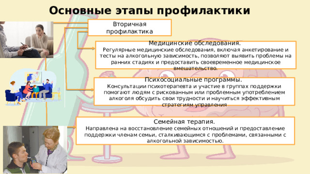 Основные этапы профилактики Вторичная  профилактика Медицинские обследования. Регулярные медицинские обследования, включая анкетирование и тесты на алкогольную зависимость, позволяют выявить проблемы на ранних стадиях и предоставить своевременное медицинское вмешательство. Психосоциальные программы. Консультации психотерапевта и участие в группах поддержки помогают людям с рискованным или проблемным употреблением алкоголя обсудить свои трудности и научиться эффективным стратегиям управления Семейная терапия. Направлена на восстановление семейных отношений и предоставление поддержки членам семьи, сталкивающимся с проблемами, связанными с алкогольной зависимостью. 