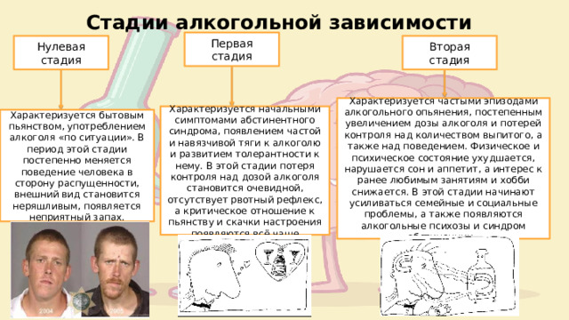Стадии алкогольной зависимости Первая стадия Нулевая стадия Вторая стадия Характеризуется частыми эпизодами алкогольного опьянения, постепенным увеличением дозы алкоголя и потерей контроля над количеством выпитого, а также над поведением. Физическое и психическое состояние ухудшается, нарушается сон и аппетит, а интерес к ранее любимым занятиям и хобби снижается. В этой стадии начинают усиливаться семейные и социальные проблемы, а также появляются алкогольные психозы и синдром абстиненции. Характеризуется начальными симптомами абстинентного синдрома, появлением частой и навязчивой тяги к алкоголю и развитием толерантности к нему. В этой стадии потеря контроля над дозой алкоголя становится очевидной, отсутствует рвотный рефлекс, а критическое отношение к пьянству и скачки настроения появляются всё чаще Характеризуется бытовым пьянством, употреблением алкоголя «по ситуации». В период этой стадии постепенно меняется поведение человека в сторону распущенности, внешний вид становится неряшливым, появляется неприятный запах. 