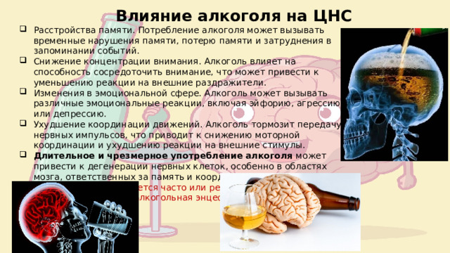Влияние алкоголя на ЦНС Расстройства памяти. Потребление алкоголя может вызывать временные нарушения памяти, потерю памяти и затруднения в запоминании событий. Снижение концентрации внимания. Алкоголь влияет на способность сосредоточить внимание, что может привести к уменьшению реакции на внешние раздражители. Изменения в эмоциональной сфере. Алкоголь может вызывать различные эмоциональные реакции, включая эйфорию, агрессию или депрессию. Ухудшение координации движений. Алкоголь тормозит передачу нервных импульсов, что приводит к снижению моторной координации и ухудшению реакции на внешние стимулы. Длительное и чрезмерное употребление алкоголя может привести к дегенерации нервных клеток, особенно в областях мозга, ответственных за память и координацию движений. Если алкоголь употребляется часто или регулярно, клетки мозга погибают, формируется алкогольная энцефалопатия. 
