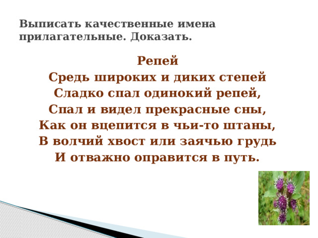 Выписать качественные имена прилагательные. Доказать. Репей Средь широких и диких степей Сладко спал одинокий репей, Спал и видел прекрасные сны, Как он вцепится в чьи-то штаны, В волчий хвост или заячью грудь И отважно оправится в путь.  