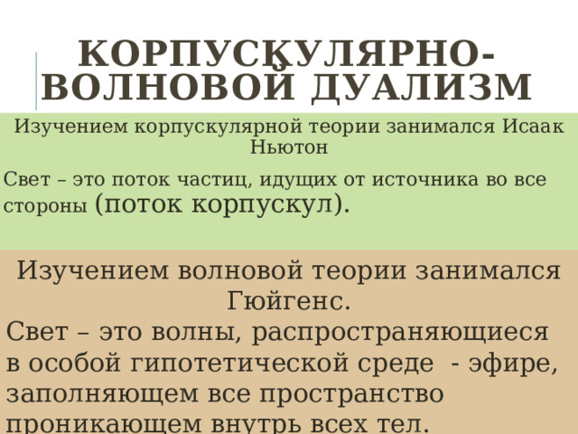 Корпускулярно-волновой дуализм Изучением корпускулярной теории занимался Исаак Ньютон Свет – это поток частиц, идущих от источника во все стороны (поток корпускул). Изучением волновой теории занимался Гюйгенс. Свет – это волны, распространяющиеся в особой гипотетической среде - эфире, заполняющем все пространство проникающем внутрь всех тел.  