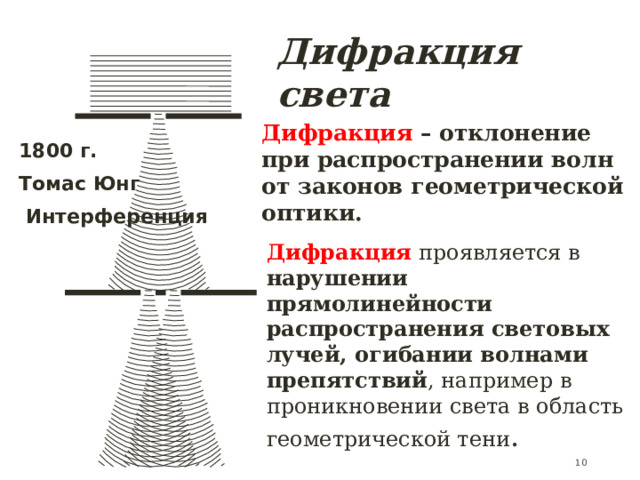 Дифракция света Дифракция – отклонение при распространении волн от законов геометрической оптики. 1800 г. Томас Юнг  Интерференция Дифракция проявляется в нарушении прямолинейности распространения световых лучей, огибании волнами препятствий , например в проникновении света в область геометрической тени .  