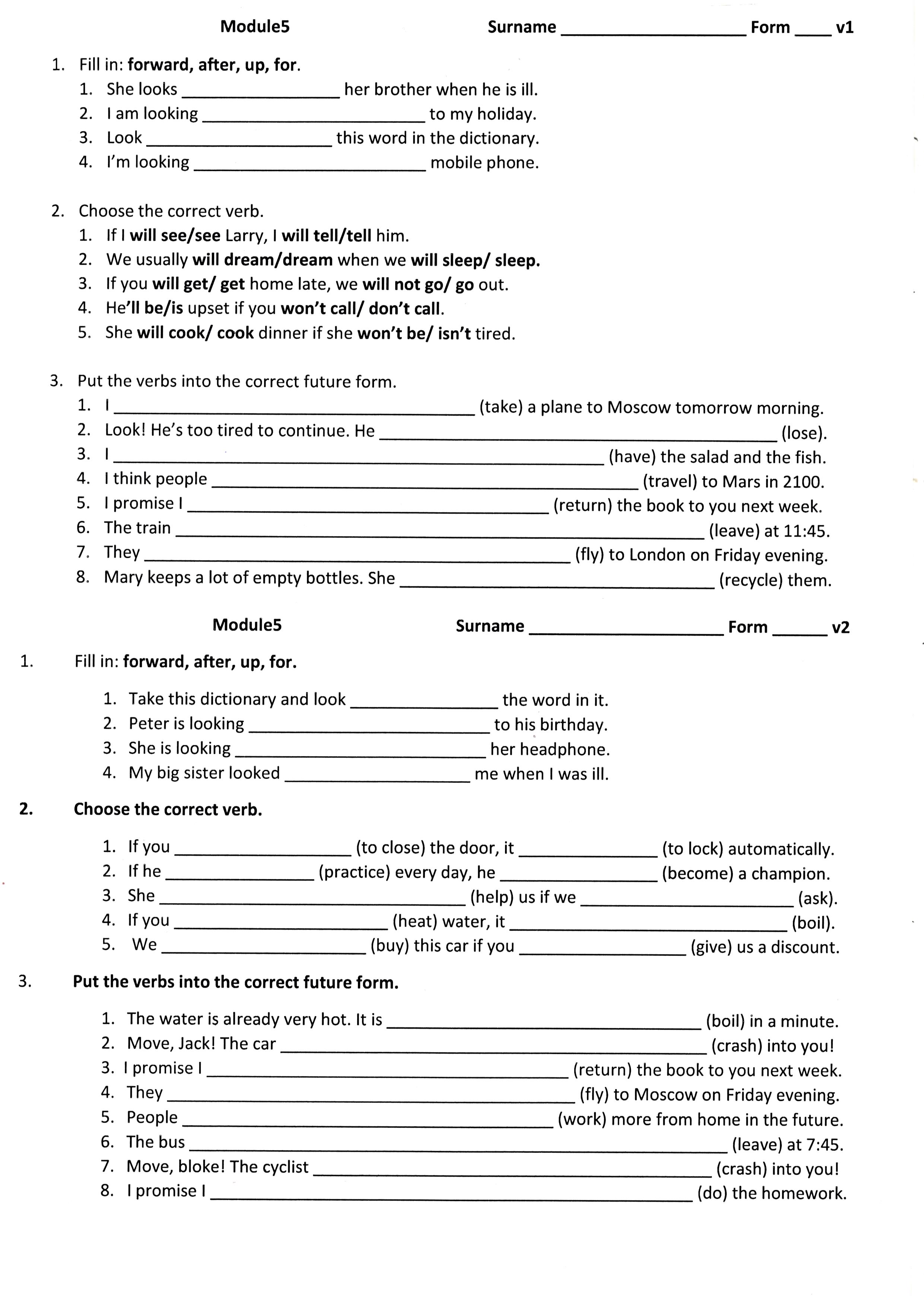 7 класс УМК "Spotlight" Рабочий лист Module 5 (Phrasal verbs, Future ...