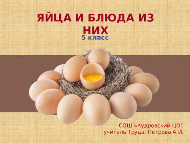 ЯЙЦА И БЛЮДА ИЗ НИХ 5 класс СОШ «Кудровский ЦО1  учитель Труда: Петрова А.И.  