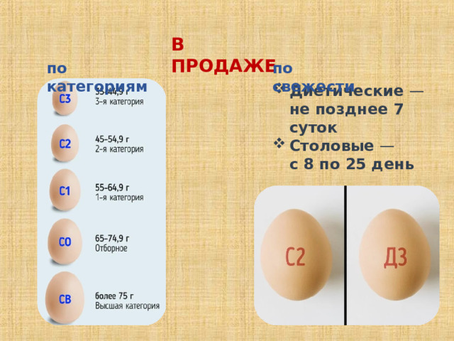 В ПРОДАЖЕ по категориям по свежести Диетические —   не позднее 7 суток Столовые —   с 8 по 25 день  