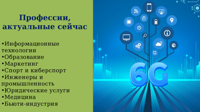 Профессии, актуальные сейчас Информационные технологии Образование Маркетинг Спорт и киберспорт Инженеры и промышленность Юридические услуги Медицина Бьюти-индустрия 