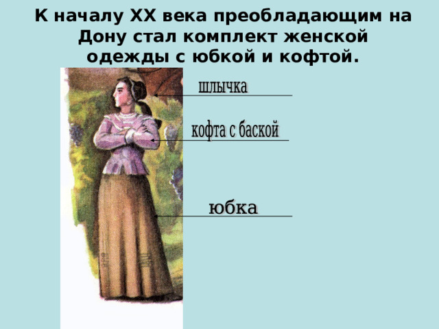 К началу XX века преобладающим на Дону стал комплект женской одежды с юбкой и кофтой. 