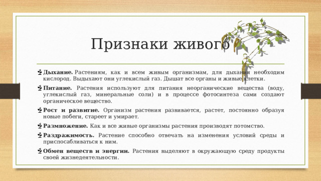 Признаки живого Дыхание.  Растениям, как и всем живым организмам, для дыхания необходим кислород. Выдыхают они углекислый газ. Дышат все органы и живые клетки. Питание. Растения используют для питания неорганические вещества (воду, углекислый газ, минеральные соли) и в процессе фотосинтеза сами создают органическое вещество. Рост и развитие. Организм растения развивается, растет, постоянно образуя новые побеги, стареет и умирает. Размножение. Как и все живые организмы растения производят потомство. Раздражимость. Растение способно отвечать на изменения условий среды и приспосабливаться к ним. Обмен веществ и энергии. Растения выделяют в окружающую среду продукты своей жизнедеятельности. 