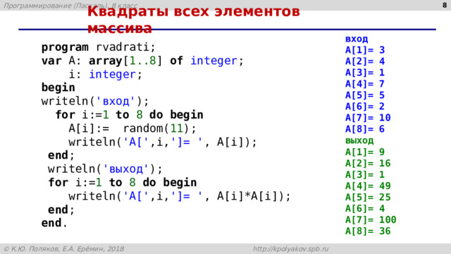 4 Квадраты всех элементов массива вход A[1]= 3 A[2]= 4 A[3]= 1 A[4]= 7 A[5]= 5 A[6]= 2 A[7]= 10 A[8]= 6 выход A[1]= 9 A[2]= 16 A[3]= 1 A[4]= 49 A[5]= 25 A[6]= 4 A[7]= 100 A[8]= 36 program rvadrati; var A: array [ 1..8 ] of integer ;  i: integer ; begin writeln( 'вход' );  for i:= 1 to 8 do begin  A[i]:= random( 11 );  writeln( 'A[' ,i, ']= ' , A[i]);  end ;  writeln( 'выход' );  for i:= 1 to 8 do begin  writeln( 'A[' ,i, ']= ' , A[i]*A[i]);  end ; end . 