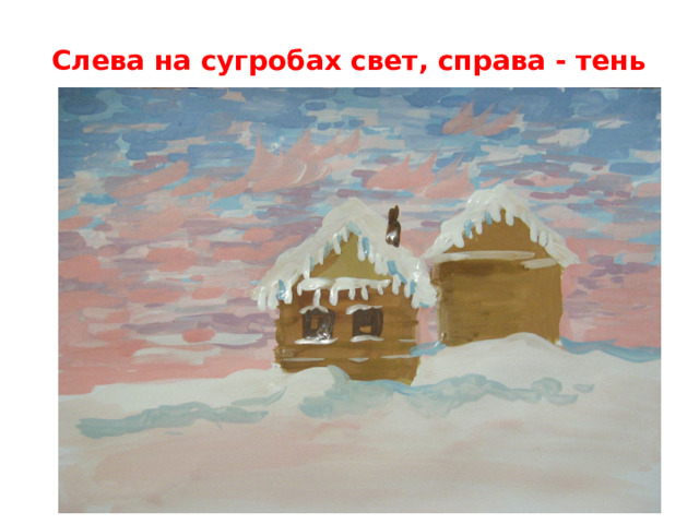 Слева на сугробах свет, справа - тень   