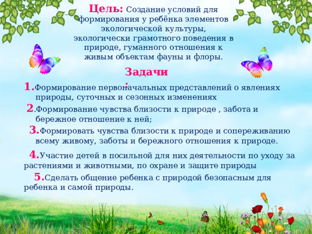 Цель:  Создание условий для формирования у ребёнка элементов экологической культуры, экологически грамотного поведения в природе, гуманного отношения к живым объектам фауны и флоры. Задачи: 1. Формирование первоначальных представлений о явлениях природы, суточных и сезонных изменениях  2 .Формирование чувства близости к природе , забота и бережное отношение к ней;  3. Формировать чувства близости к природе и сопереживанию всему живому, заботы и бережного отношения к природе.  4. Участие детей в посильной для них деятельности по уходу за растениями и животными, по охране и защите природы  5. Сделать общение ребенка с природой безопасным для ребенка и самой природы. 