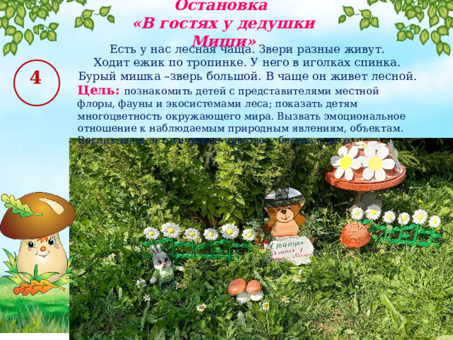 Остановка «В гостях у дедушки Миши» Есть у нас лесная чаща. Звери разные живут. Ходит ежик по тропинке. У него в иголках спинка. Бурый мишка –зверь большой. В чаще он живет лесной. Цель:  познакомить детей с представителями местной флоры, фауны и экосистемами леса; показать детям многоцветность окружающего мира. Вызвать эмоциональное отношение к наблюдаемым природным явлениям, объектам. Воспитывать эстетическое чувство. - беседа о лесе; 4 