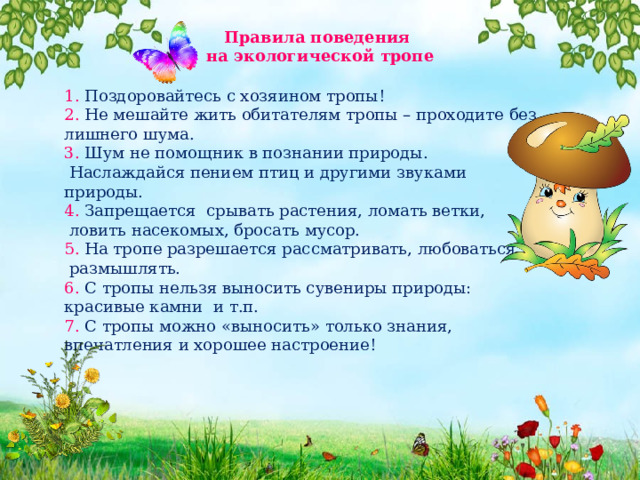 Правила поведения на экологической тропе 1. Поздоровайтесь с хозяином тропы! 2.  Не мешайте жить обитателям тропы – проходите без лишнего шума. 3.  Шум не помощник в познании природы.  Наслаждайся пением птиц и другими звуками природы. 4.  Запрещается  срывать растения, ломать ветки,  ловить насекомых, бросать мусор. 5.  На тропе разрешается рассматривать, любоваться,  размышлять. 6. С тропы нельзя выносить сувениры природы: красивые камни  и т.п. 7.  С тропы можно «выносить» только знания, впечатления и хорошее настроение! 