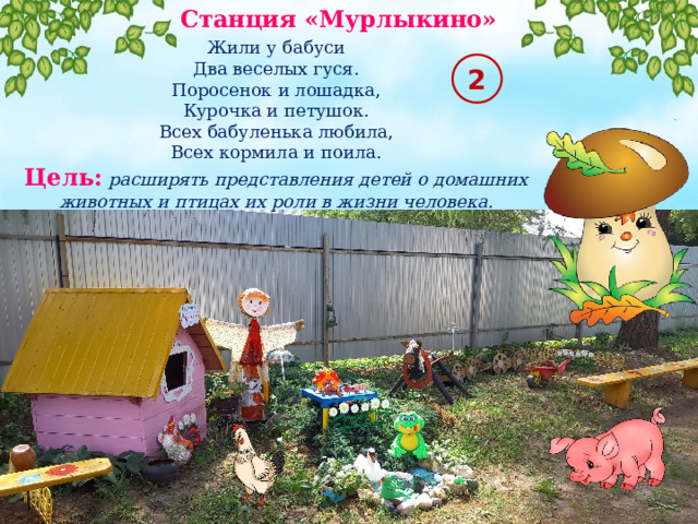 Станция «Мурлыкино» Жили у бабуси Два веселых гуся. Поросенок и лошадка, Курочка и петушок. Всех бабуленька любила, Всех кормила и поила. Цель:  расширять представления детей о домашних животных и птицах их роли в жизни человека. 2 