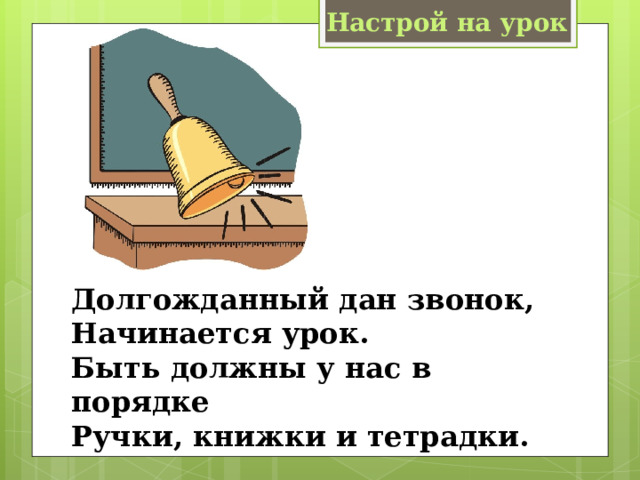 Настрой на урок Долгожданный дан звонок, Начинается урок. Быть должны у нас в порядке Ручки, книжки и тетрадки. 