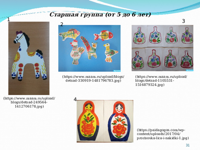 Старшая группа  (от 5 до 6 лет)  1 3 2 ( https://www.maam.ru/upload/blogs/detsad-1105531-1516879324.jpg ) ( https://www.maam.ru/upload/blogs/detsad-330919-1481796783.jpg ) ( https://www.maam.ru/upload/blogs/detsad-249564-1412706178.jpg ) 4 Обозначение рисунков цифрами указано в слайде №23 ( https://paidagogos.com/wp-content/uploads/2017/04/prorisovka-lica-i-nakidki-1.jpg )   