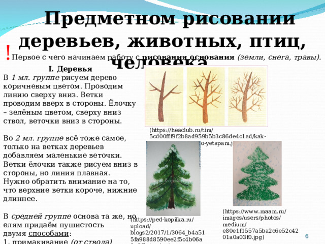     Предметном рисовании деревьев, животных, птиц, человека. ! Первое с чего начинаем работу с  рисования основания  (земли, снега, травы). I. Деревья В 1 мл. группе рисуем дерево коричневым цветом. Проводим линию сверху вниз. Ветки проводим вверх в стороны. Ёлочку – зелёным цветом, сверху вниз ствол, веточки вниз в стороны. Во 2 мл.  группе всё тоже самое, только на ветках деревьев добавляем маленькие веточки. Ветки ёлочки также рисуем вниз в стороны, но линия плавная. Нужно обратить внимание на то, что верхние ветки короче, нижние длиннее. В средней группе основа та же, но елям придаём пушистость двумя  способами : 1. примакивание  (от ствола) 2.  «юбочкой»   (верхняя юбочка самая маленькая, можно сравнить с треугольником)  ( https://heaclub.ru/tim/5cd00fff9f2b8ad959b5b3c86de4c1ad/kak-narisovat-derevo-po-yetapam.jpg ) ( https://www.maam.ru/images/users/photos/medium/e80e1f1557a5ba2c6e52c4201a0a03f0.jpg ) ( https://ped-kopilka.ru/upload/blogs2/2017/1/3064_b4a515fa988d8590ee2f5c4b06a8a66b.jpg.jpg )  