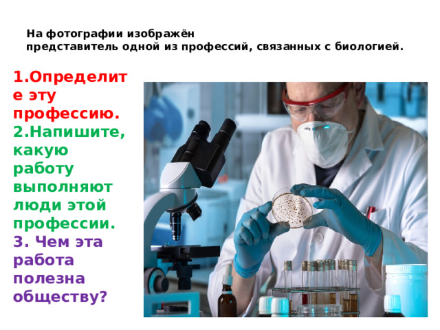 На фотографии изображён  представитель одной из профессий, связанных с биологией.   1.Определите эту профессию. 2.Напишите, какую работу выполняют люди этой профессии. 3. Чем эта работа полезна обществу? 