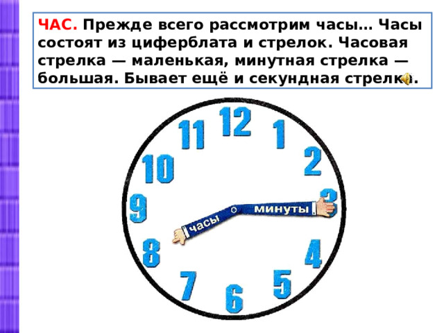 ЧАС.  Прежде всего рассмотрим часы… Часы состоят из циферблата и стрелок. Часовая стрелка — маленькая, минутная стрелка — большая. Бывает ещё и секундная стрелка. 
