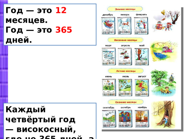 Год — это 12 месяцев. Год — это 365 дней. Каждый четвёртый год — високосный, где не 365 дней, а 366 дней. 