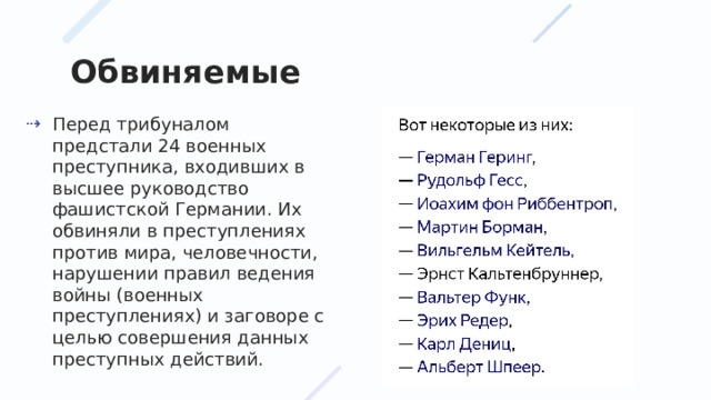 Обвиняемые Перед трибуналом предстали 24 военных преступника, входивших в высшее руководство фашистской Германии. Их обвиняли в преступлениях против мира, человечности, нарушении правил ведения войны (военных преступлениях) и заговоре с целью совершения данных преступных действий. 