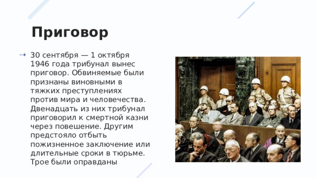 Приговор 30 сентября — 1 октября 1946 года трибунал вынес приговор. Обвиняемые были признаны виновными в тяжких преступлениях против мира и человечества. Двенадцать из них трибунал приговорил к смертной казни через повешение. Другим предстояло отбыть пожизненное заключение или длительные сроки в тюрьме. Трое были оправданы 