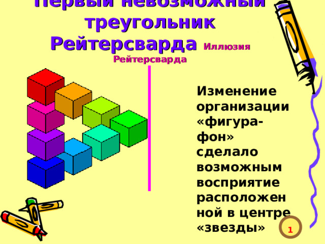 Первый невозможный треугольник Рейтерсварда  Иллюзия Рейтерсварда Изменение организации «фигура-фон» сделало возможным восприятие расположенной в центре «звезды»  1  