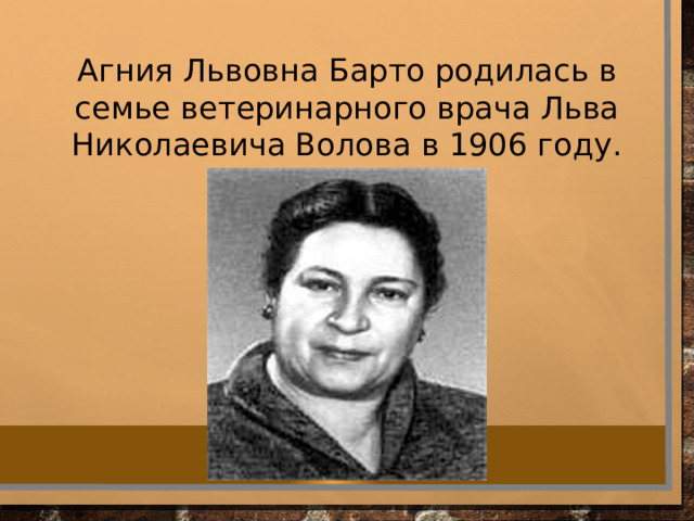 Агния Львовна Барто родилась в семье ветеринарного врача Льва Николаевича Волова в 1906 году. 